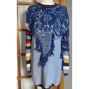 Y2K BDG Oversized Tunic Sweater Womens L Blue Fringes Crewneck Pullover Coastal